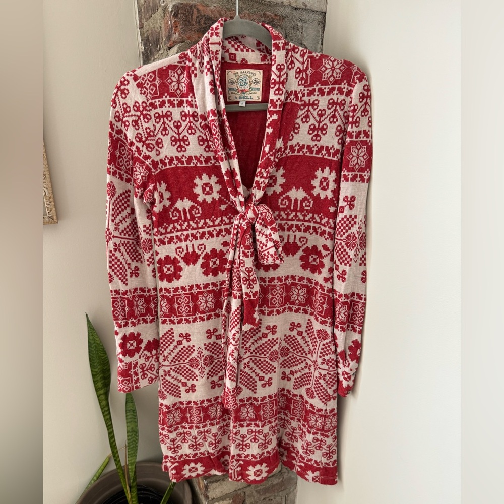 Red and White Patterned Dress with Neck Tie